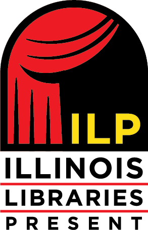 Illinois Libraries Presents logo a red curtin with words ILP in yellow